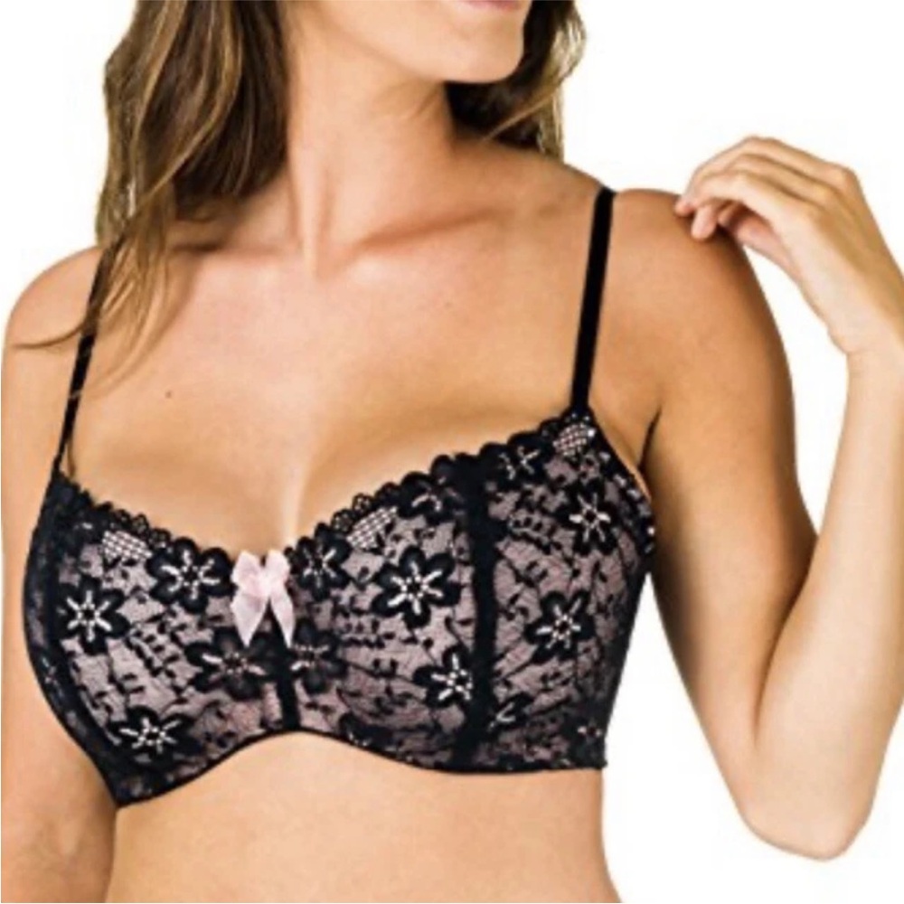 Bombshell Boudoir Bra 32DDD Black Lace Pink Bows Smooth Lined Underwire